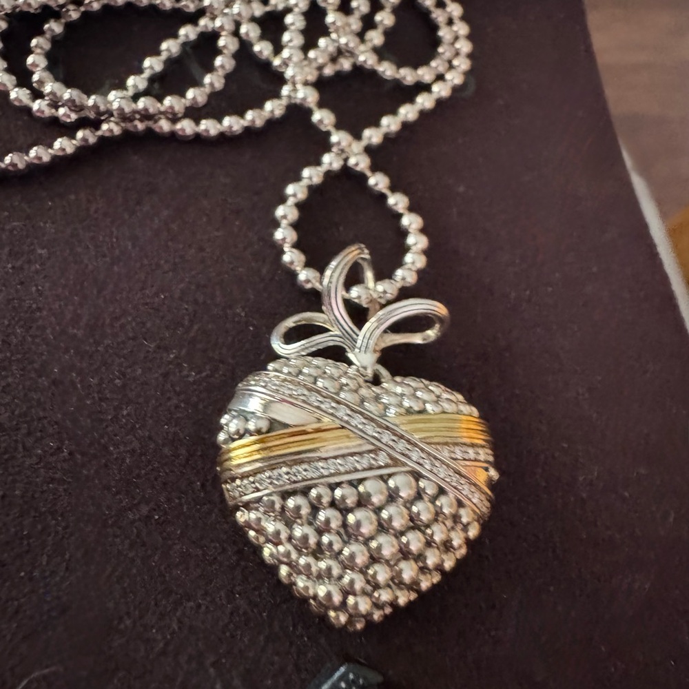 LAGOS Diamond, Silver and 18k Gold Heart Necklace with Caviar Detailing.